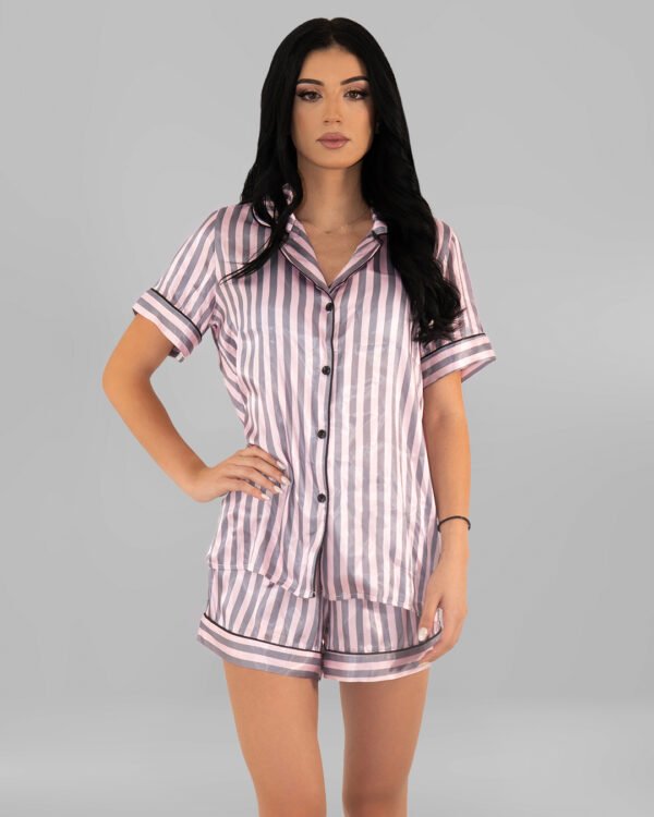 Комплект Къса Сатенена Пижама – Сиво-Розово Райе – „Sweet Candy“