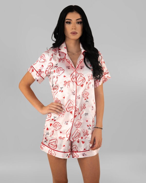 Комплект Къса Сатенена Пижама – Розова с Червено – „Valentine“