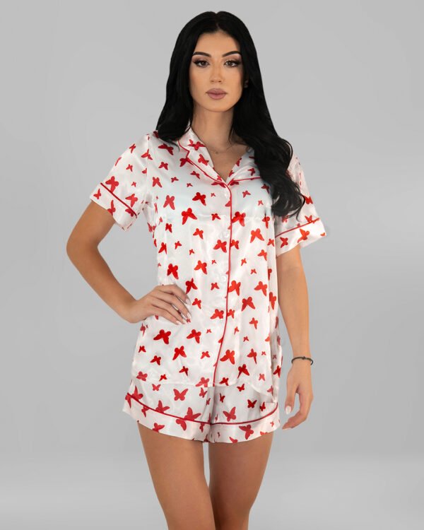 Комплект Къса Сатенена Пижама – Бяла с Червени Пеперудки – „Wings“