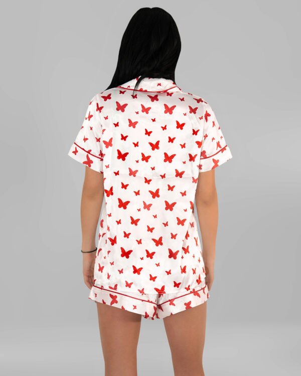 Комплект Къса Сатенена Пижама – Бяла с Червени Пеперудки – „Wings“