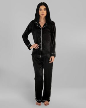 Комплект Дълга Сатенена Пижама – Черна – „Elegant“