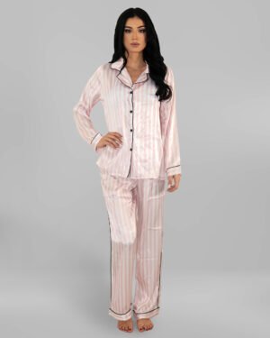 Комплект Дълга Сатенена Пижама – Бяло-Розово Райе – „Candy“