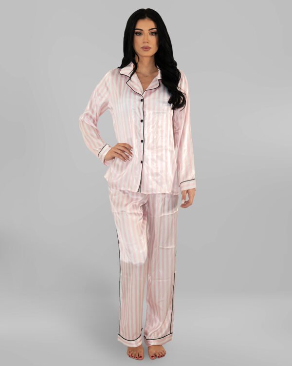 Комплект Дълга Сатенена Пижама – Бяло-Розово Райе – „Candy“